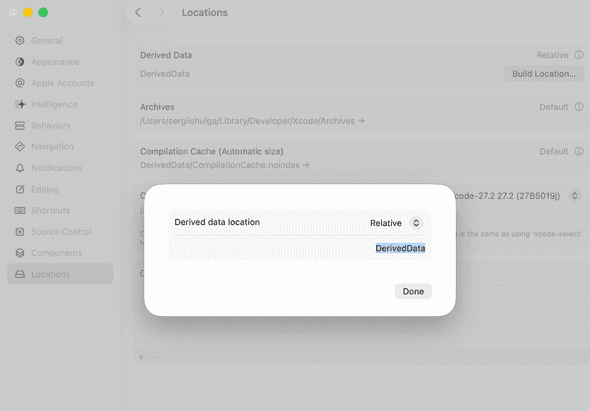 Xcode Derived Data location set to Relative with the path DerivedData