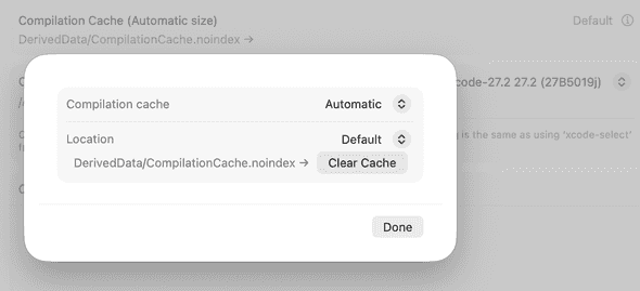 Xcode compilation cache set to Automatic at the default location DerivedData/CompilationCache.noindex